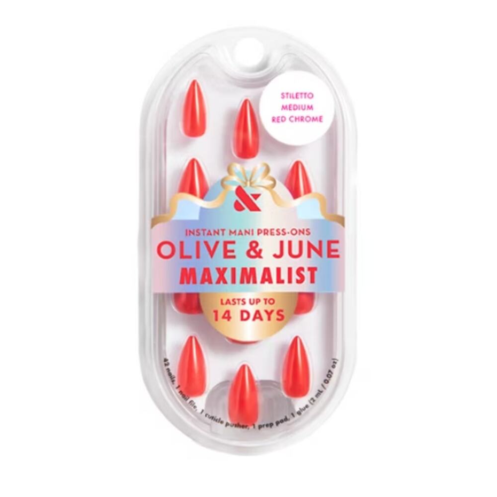 Olive & June Press‑On Nails – Maximalist‎ Red Chrome – Stiletto Medium- 42ct